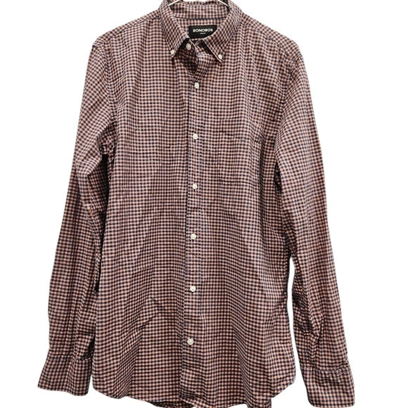 Bonobos Slim Fit Pink Blue Check Button Down Mens Long Sleeve Shirt - Picture 6 of 6